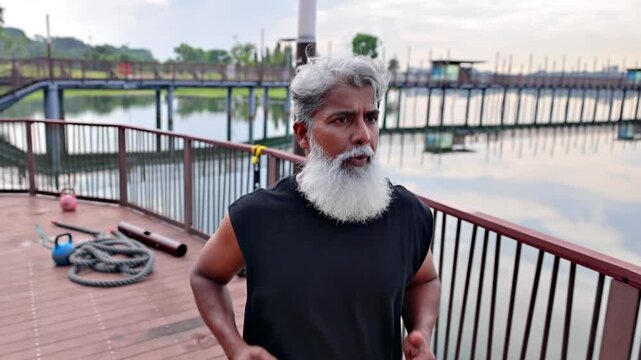 Mature Indian man with a beard jogging in a lakeside park In Singapore. Slow motion.