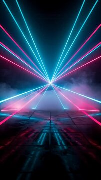 Abstract Laser Light Beams Radiating From a Central Point, Creating a Dynamic and Futuristic Visual Effect. Glowing Neon Lines Converge.