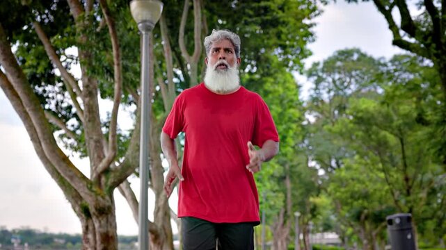 Mature Indian man with a beard jogging in a lakeside park In Singapore. Slow motion.