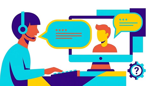 Customer support representative wearing a headset talking to a client via video call on a computer screen