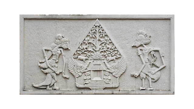 Traditional Javanese Wayang Relief Carving on White Wall Background