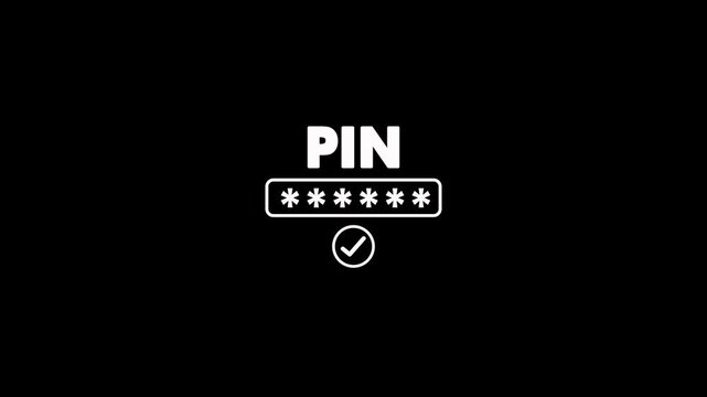 Pin entry with security icon animation on black background. Pin unlock with input security dots and confirm checkmark animation. Padlock and asterisks security for pin entry screen protection concept