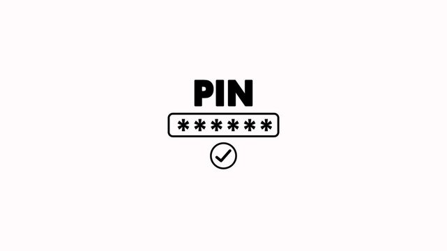 Pin entry with security icon animation on white background. Pin unlock with input security dots and confirm checkmark animation. Padlock and asterisks security for pin entry screen protection concept
