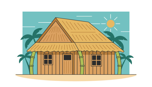 Tropical beach hut made of bamboo and thatch situated on a sandy shore under a bright sun with green palm trees in the background.