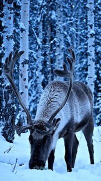 Reindeer Walking Through Snowy Forest, Transitioning From Grazing to Looking Directly at the Camera. 4k Footage of Wildlife in Winter.