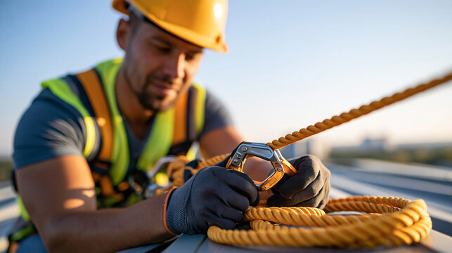 Construction worker securing a horizontal lifeline to a steel structure before beginning rooftop work, fall prevention, occupational safety, construction engineering, safety