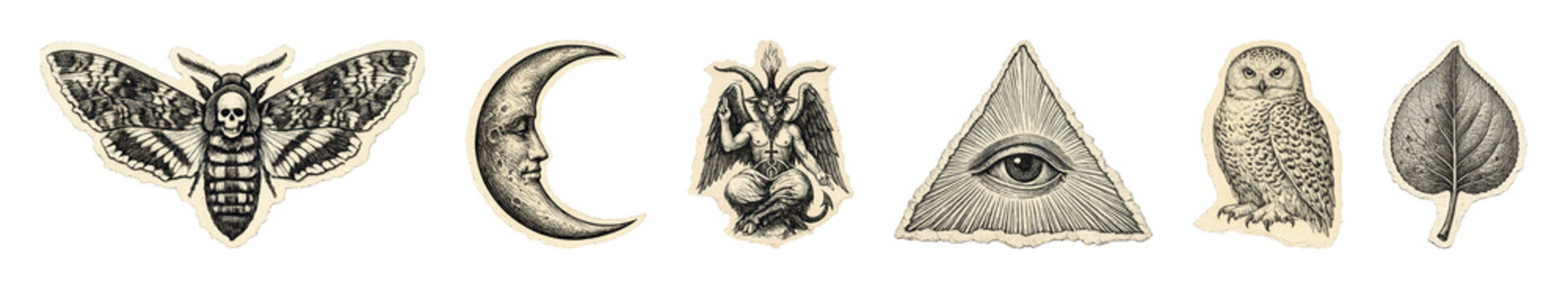 PNG Vintage mystical symbols with moth, moon, and owl, transparent background