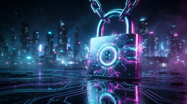 Glowing metallic padlock secured with chains over a circuit board floor, set against a neon cityscape, representing cybersecurity, data protection, and digital safety.