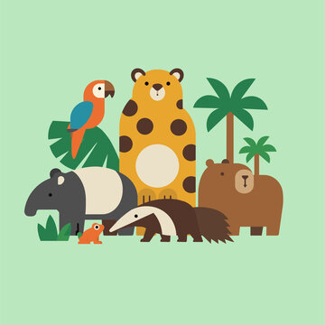 Cute Tropical Wildlife Animals &ndash; Jaguar, Tapir, Anteater and Parrot Illustration