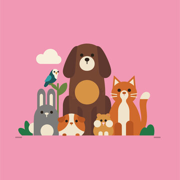 Cute Pets Group &ndash; Dog, Cat, Rabbit, Guinea Pig and Hamster Illustration