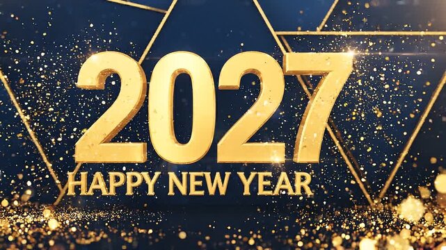 2027 happy new year gold text with luxury geometric background, and glowing particle effects