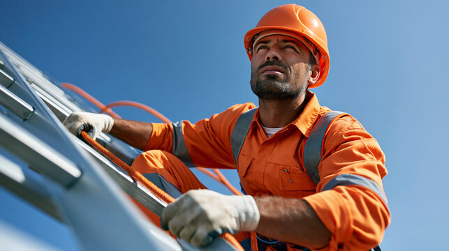 Professional construction worker climbing a tall steel ladder while secured with a safety harness and lifeline, blue sky in background, elevated work, fall protection,