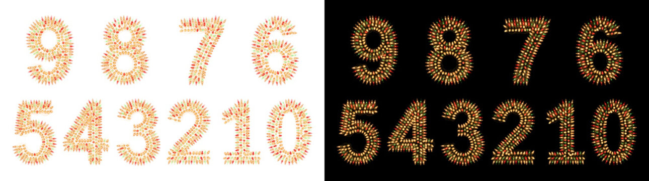 Christmas light numbers from zero to nine made of glowing bulbs for holiday design in PNG, Transparent Background Versions