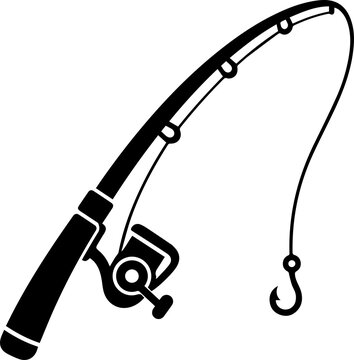 Fishing Rod Icon, Black Silhouette Fishing Pole with Reel and Hook Vector Illustration