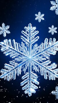 Animated Snowflakes Swirling and Falling in a Blue Winter Background with Sparkling Particles. and Animation and Ice