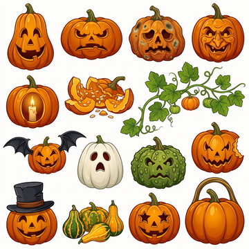 Halloween pumpkins and jack o lanterns cartoon illustration collection.