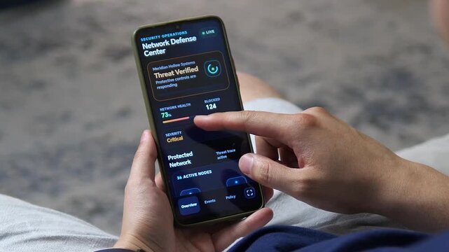 Smartphone displays a live cybersecurity incident as suspicious network activity is detected, a compromised endpoint is isolated, and digital protection is restored.