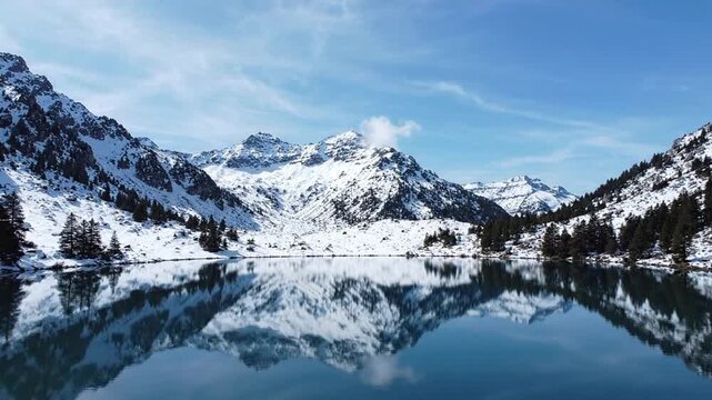 Serene winter landscape with snow-capped mountains reflecting in a calm alpine lake