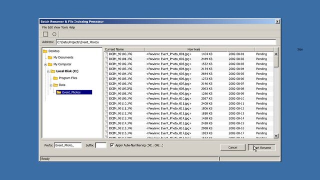 Batch file renamer software interface processing multiple images on computer screen