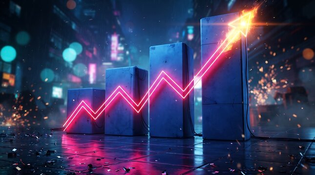 Glowing neon arrow shooting upward across rising concrete column bars, symbolizing rapid financial growth, market success, and economic breakthrough.