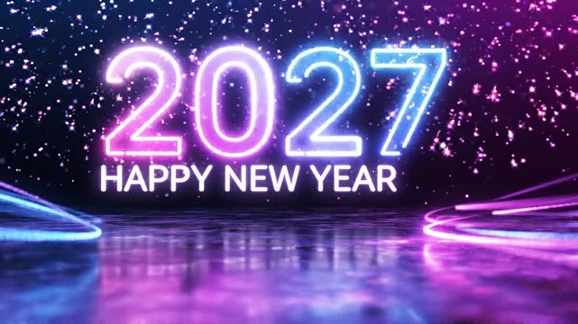 2027 happy new year neon sign background, with glowing fireworks, and light trails animation