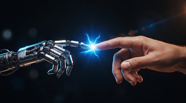 Human finger and metallic robotic finger touching with a glowing blue electric spark, representing connection, artificial intelligence, innovation, and the future of human and robot interaction.