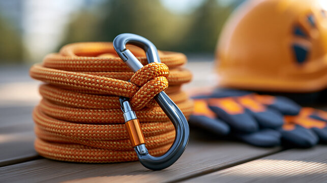 Close-up of orange safety rope wrapped through a metal carabiner beside protective gloves and helmet, fall protection equipment, industrial climbing, construction safety, detailed