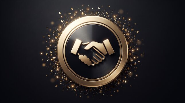 Golden 3D handshake icon set inside a circular frame surrounded by sparkling glitter on a dark background, representing business deal, partnership, agreement, trust, and luxury success.