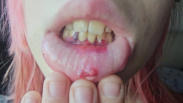 The adolescent exhibits signs of irritation and pathological changes on the lips and gums. Trauma to the gums and lips.