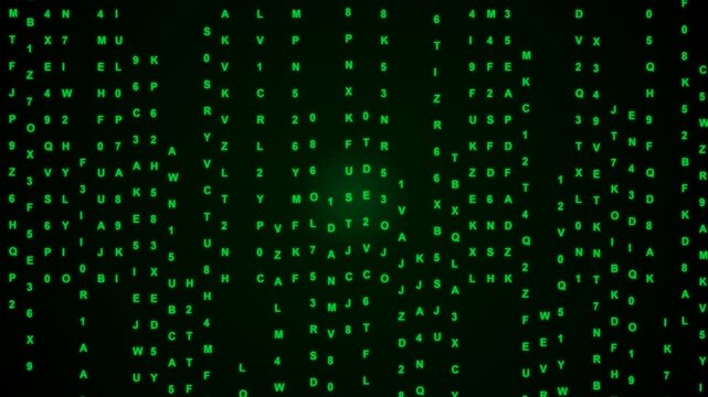 Green digital rain abstract background with glowing matrix code numbers and symbols falling down