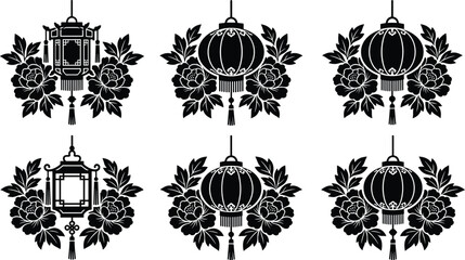 Elegant Chinese lanterns and floral vector emblems for festive season greetings and decor © MstRina