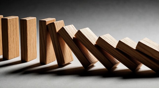 Wooden domino blocks fall in sequence on gray background. Row of timber pieces creates chain reaction effect. Concept of business failure, economic crisis, cause, effect physics. Minimalist shot