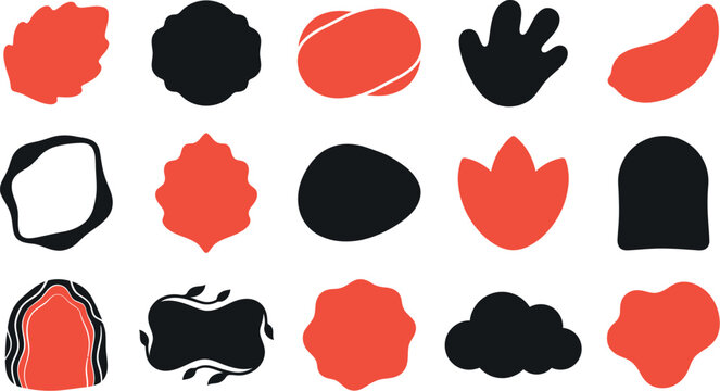 Set of various hand drawn abstract shapes and organic blobs in red and black ink style