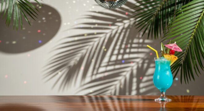Blue tropical cocktail with pineapple, cherry and paper umbrella on wooden bar counter. Summer party and beach bar concept. Copy space.