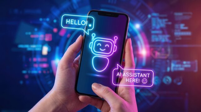 Artificial intelligence chatbot on smartphone screen with futuristic technology background