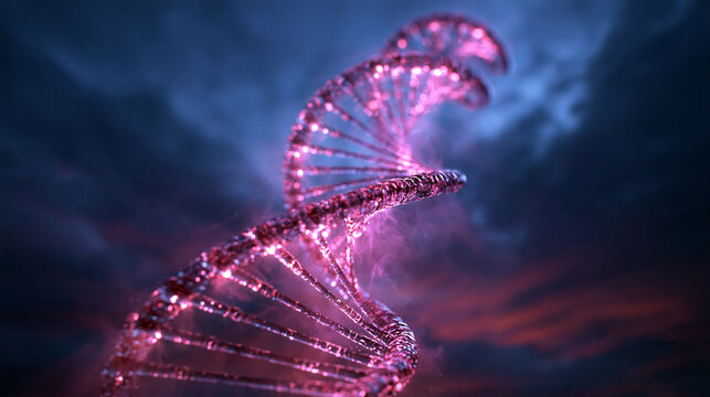 Glowing DNA Double Helix on Dramatic Sky Background