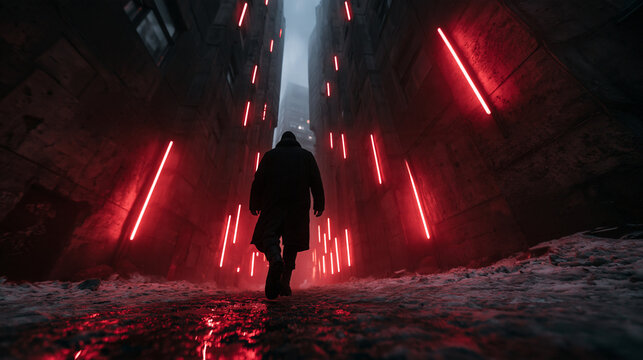 Mysterious Figure Walking in Cyberpunk Alley with Neon Lights