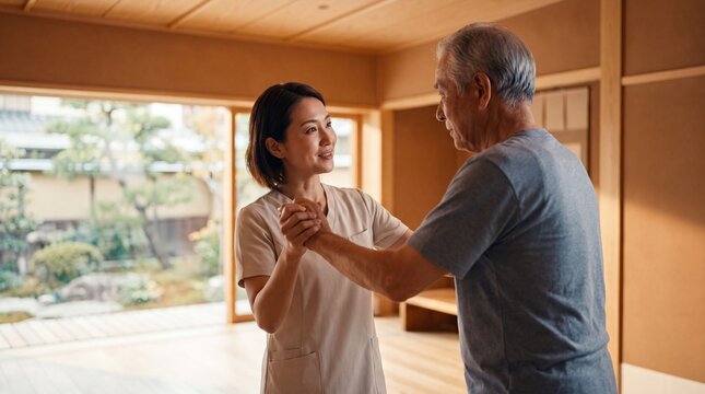 Caregiver Assisting Elderly Man with Mobility Rehabilitation