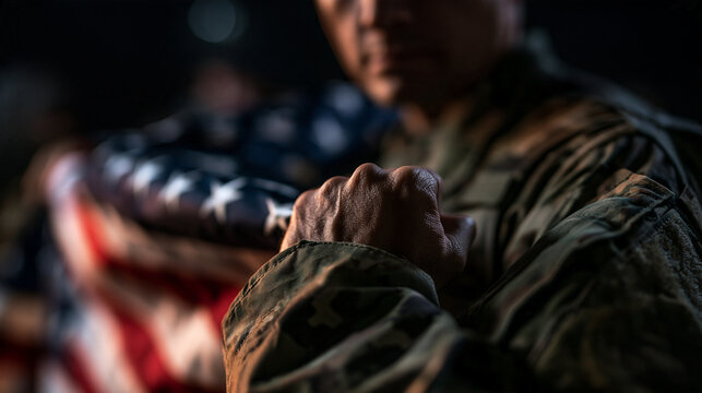 Soldier in Uniform Holding American Flag with Clenched Fist