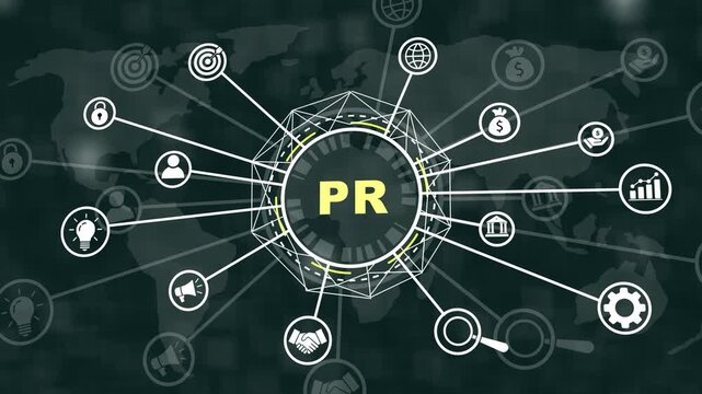 Dynamic public relations pr strategy concept with animated global business network and digital connectivity nodes for corporate communication, marketing campaigns, and brand management solutions