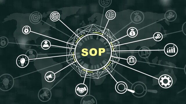 Standard operating procedure sop business concept animation featuring global network connectivity and digital data flow infographics for corporate strategy, management workflow, and operations