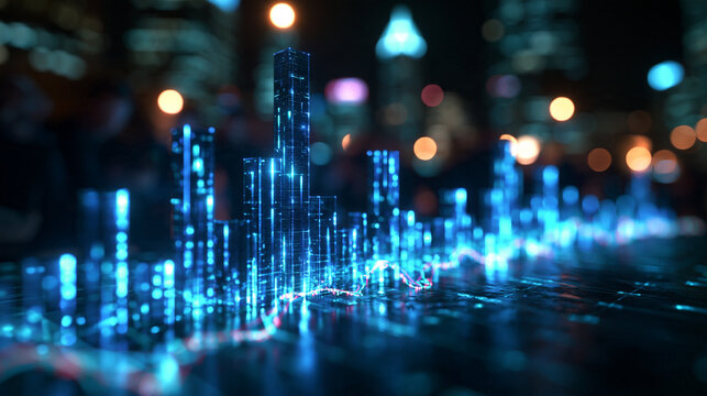 Futuristic Digital Smart City Skyline with Stock Market Chart