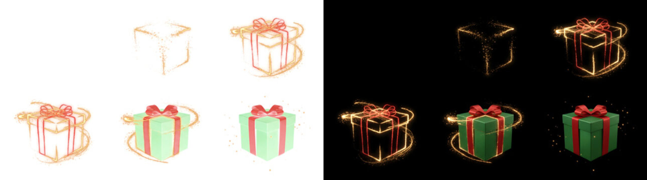 Green gift box forming from golden sparkles in progressive stages with red ribbon bow for festive design in PNG, Transparent and Black Background Versions