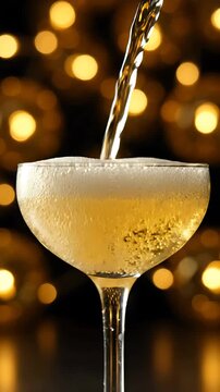 Champagne Pouring Into Elegant Glasses, Creating a Celebratory Golden Cascade Against Bokeh Lights. with Sparkling Wine
