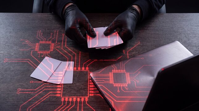 Credit card fraud hacker identity theft cybercrime payment scam security Gloved hands sort blank bank cards across a glowing circuit pattern depicting stolen credentials and illegal financial activity
