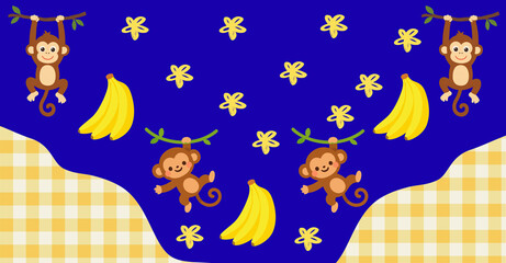Monkeys, bananas, and yellow flowers on blue background  © Saadet