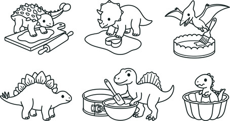 Cute Cartoon Dinosaur Baking Pastry Line Icon Set Featuring Ankylosaurus, Triceratops, Pterodactyl, Stegosaurus, and Spinosaurus with Rolling Pin and Molds © Polash