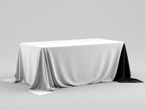 White, black fabric tablecloth mockup for trade show exhibition. Blank rectangular table throw template for branding design. Empty cloth drape on table for product display, marketing promo,