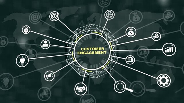 Dynamic customer engagement digital network infographic featuring global connectivity business growth strategy visualization, corporate marketing technology, and data analytics motion concept