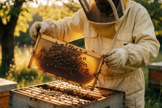 Beekeeper in protective suit holds wooden frame covered with honeycomb and bees. Apiarist inspecting hive in sunny outdoor garden. Agriculture and apiculture concept.